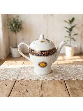Vintage Casa Elite M Valenti Porcelain Medusa Teapot Cobalt Blue & Gold 8.7"